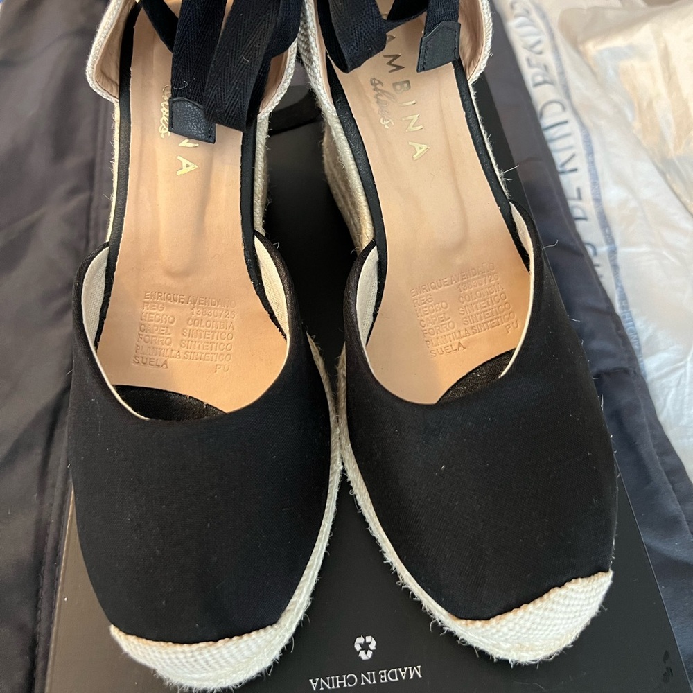 Bambina black and tan espadrille wedges, size 7.5